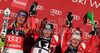 Winner Marlies Schild of Austria (M), second placed Maria Riesch of Germany (L) and third placed Kathrin Zettel of Austria (R) celebrate their medals won in Women slalom race of Audi FIS alpine skiing World Cup in Flachau, Austria. Slalom race of Women Audi FIS Alpine skiing World Cup 2009-10 was held in Flachau, Austria, on 12th of January 2010.
