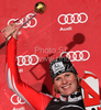 Winner Marlies Schild of Austria celebrates her medal won in Women slalom race of Audi FIS alpine skiing World Cup in Flachau, Austria. Slalom race of Women Audi FIS Alpine skiing World Cup 2009-10 was held in Flachau, Austria, on 12th of January 2010.
