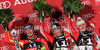 Winner Marlies Schild of Austria (M), second placed Maria Riesch of Germany (L) and third placed Kathrin Zettel of Austria (R) celebrate their medals won in Women slalom race of Audi FIS alpine skiing World Cup in Flachau, Austria. Slalom race of Women Audi FIS Alpine skiing World Cup 2009-10 was held in Flachau, Austria, on 12th of January 2010.
