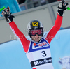 Winner Kathrin Zettel of Austria reacts in finish of second run of Women giant slalom race of Audi FIS alpine skiing World Cup in Maribor, Slovenia. Giant slalom race of Women Audi FIS Alpine skiing World Cup 2009-10 was held in Maribor, Slovenia, on 16th of January 2010.
