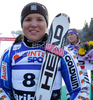 Third placed Anja Paerson of Sweden celebrates her medal won in Women giant slalom race of Audi FIS alpine skiing World Cup in Maribor, Slovenia. Giant slalom race of Women Audi FIS Alpine skiing World Cup 2009-10 was held in Maribor, Slovenia, on 16th of January 2010.
