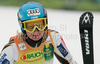 Tanja Poutiainen of Finland reacts in finish of first run of Women slalom race of Audi FIS alpine skiing World Cup in Maribor, Slovenia. Slalom race of Women Audi FIS Alpine skiing World Cup 2009-10 was held in Maribor, Slovenia, on 17th of January 2010.
