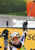 Seventh placed Sanni Leinonen of Finland reacts in finish of second run of Women slalom race of Audi FIS alpine skiing World Cup in Maribor, Slovenia. Slalom race of Women Audi FIS Alpine skiing World Cup 2009-10 was held in Maribor, Slovenia, on 17th of January 2010.
