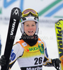 Seventh placed Sanni Leinonen of Finland reacts in finish of second run of Women slalom race of Audi FIS alpine skiing World Cup in Maribor, Slovenia. Slalom race of Women Audi FIS Alpine skiing World Cup 2009-10 was held in Maribor, Slovenia, on 17th of January 2010.
