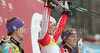 Winner Kathrin Zettel of Austria (M) celebrates her victory between second placed Tina Maze of Slovenia (L) and third placed Maria Riesch of Germany (R) after Women slalom race of Audi FIS alpine skiing World Cup in Maribor, Slovenia. Slalom race of Women Audi FIS Alpine skiing World Cup 2009-10 was held in Maribor, Slovenia, on 17th of January 2010.
