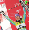 Second placed Tina Maze of Slovenia celebrates her medal won in Women slalom race of Audi FIS alpine skiing World Cup in Maribor, Slovenia. Slalom race of Women Audi FIS Alpine skiing World Cup 2009-10 was held in Maribor, Slovenia, on 17th of January 2010.
