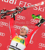 Winner Kathrin Zettel of Austria celebrates her medal won in Women slalom race of Audi FIS alpine skiing World Cup in Maribor, Slovenia. Slalom race of Women Audi FIS Alpine skiing World Cup 2009-10 was held in Maribor, Slovenia, on 17th of January 2010.
