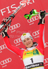 Winner Kathrin Zettel of Austria celebrates her medal won in Women slalom race of Audi FIS alpine skiing World Cup in Maribor, Slovenia. Slalom race of Women Audi FIS Alpine skiing World Cup 2009-10 was held in Maribor, Slovenia, on 17th of January 2010.
