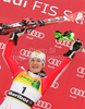 Winner Kathrin Zettel of Austria celebrates her medal won in Women slalom race of Audi FIS alpine skiing World Cup in Maribor, Slovenia. Slalom race of Women Audi FIS Alpine skiing World Cup 2009-10 was held in Maribor, Slovenia, on 17th of January 2010.
