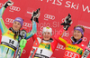 Winner Kathrin Zettel of Austria (M), second placed Tina Maze of Slovenia (L) and third placed Maria Riesch of Germany (R) celebrate their medals won in Women slalom race of Audi FIS alpine skiing World Cup in Maribor, Slovenia. Slalom race of Women Audi FIS Alpine skiing World Cup 2009-10 was held in Maribor, Slovenia, on 17th of January 2010.

