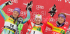 Winner Kathrin Zettel of Austria (M), second placed Tina Maze of Slovenia (L) and third placed Maria Riesch of Germany (R) celebrate their medals won in Women slalom race of Audi FIS alpine skiing World Cup in Maribor, Slovenia. Slalom race of Women Audi FIS Alpine skiing World Cup 2009-10 was held in Maribor, Slovenia, on 17th of January 2010.
