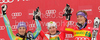 Winner Kathrin Zettel of Austria (M), second placed Tina Maze of Slovenia (L) and third placed Maria Riesch of Germany (R) celebrate their medals won in Women slalom race of Audi FIS alpine skiing World Cup in Maribor, Slovenia. Slalom race of Women Audi FIS Alpine skiing World Cup 2009-10 was held in Maribor, Slovenia, on 17th of January 2010.
