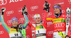 Winner Kathrin Zettel of Austria (M), second placed Tina Maze of Slovenia (L) and third placed Maria Riesch of Germany (R) celebrate their medals won in Women slalom race of Audi FIS alpine skiing World Cup in Maribor, Slovenia. Slalom race of Women Audi FIS Alpine skiing World Cup 2009-10 was held in Maribor, Slovenia, on 17th of January 2010.
