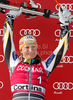 Tanja Poutiainen of Finland celebrates on the podium after winning the womens alpine ski World Cup Giant Slalom race in Cortina d Ampezzo, Italy, Sunday, January 24, 2010.
