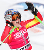 Viktoria Rebensburg of Germany recats after placing second in the womens alpine ski World Cup Giant Slalom race in Cortina dAmpezzo, Italy, Sunday, January 24, 2010.
