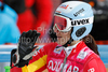 Kathrin Hoelzl of Germany recats after placing third in the womens alpine ski World Cup Giant Slalom race in Cortina dAmpezzo, Italy, Sunday, January 24, 2010.

