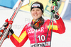 Viktoria Rebensburg of Germany recats after placing second in the womens alpine ski World Cup Giant Slalom race in Cortina dAmpezzo, Italy, Sunday, January 24, 2010.
