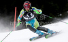 Mitja Valencic (SLO) attacks a control gate while competing in the mens Hahnenkamm slalom race part of the  70th Hahnenkamm Rennen race weekend, which is a fixture on the 2009/10 Audi FIS Alpine Skiing World Cup. Slalom race of men Audi FIS Alpine skiing World cup was held in Kitzbuhel, Austria, on 24th of January 2010.
