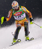 Sixth after first run Julien Cousineau of Canada skiing in first run of Men Night slalom race of Audi FIS alpine skiing World Cup in Schladming, Austria. Slalom race of Men Audi FIS Alpine skiing World Cup 2009-10 was held in Schladming, Austria, on 26th of January 2010.
