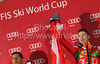Winner Reinfried Herbst of Austria celebrates his medal won in Men Night slalom race of Audi FIS alpine skiing World Cup in Schladming, Austria. Slalom race of Men Audi FIS Alpine skiing World Cup 2009-10 was held in Schladming, Austria, on 26th of January 2010.
