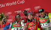 Winner Reinfried Herbst of Austria (M), second placed Silvan Zurbriggen of Switzerland (L) and third placed Manfred Pranger of Austria celebrate their medals won in Men Night slalom race of Audi FIS alpine skiing World Cup in Schladming, Austria. Slalom race of Men Audi FIS Alpine skiing World Cup 2009-10 was held in Schladming, Austria, on 26th of January 2010.
