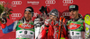 Winner Reinfried Herbst of Austria (M), second placed Silvan Zurbriggen of Switzerland (L) and third placed Manfred Pranger of Austria celebrate their medals won in Men Night slalom race of Audi FIS alpine skiing World Cup in Schladming, Austria. Slalom race of Men Audi FIS Alpine skiing World Cup 2009-10 was held in Schladming, Austria, on 26th of January 2010.

