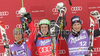 Winner Ted Ligety of USA (M), second placed Marcel Hirscher of Austria (L) and third placed Kjetil Jansrud of Norway (R) celebrate their medals won in Men giant slalom race of Audi FIS alpine skiing World Cup in Kranjska Gora, Slovenia. Giant slalom race of Men Audi FIS Alpine skiing World Cup 2009-10, which substituted canceled giant slalom race from Adelboden, Switzerland, was held on Friday in Kranjska Gora, Slovenia, on 29th of January 2010.
