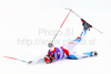 Didier Cuche of Switzerland crashes in second run of Men giant slalom race of Audi FIS alpine skiing World Cup in Kranjska Gora, Slovenia. Giant slalom race of Men Audi FIS Alpine skiing World Cup 2009-10, which substituted canceled giant slalom race from Adelboden, Switzerland, was held on Friday in Kranjska Gora, Slovenia, on 29th of January 2010.
