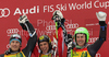 Winner Marcel Hirscher of Austria (M), second placed Kjetil Jansrud of Norway (L) and third placed Ted Ligety of USA (R) celebrate their medals won in second Men giant slalom race of Audi FIS alpine skiing World Cup in Kranjska Gora, Slovenia. Second giant slalom race of Men Audi FIS Alpine skiing World Cup 2009-10, was held on Saturday in Kranjska Gora, Slovenia, on 30th of January 2010.

