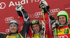 Winner Marcel Hirscher of Austria (M), second placed Kjetil Jansrud of Norway (L) and third placed Ted Ligety of USA (R) celebrate their medals won in second Men giant slalom race of Audi FIS alpine skiing World Cup in Kranjska Gora, Slovenia. Second giant slalom race of Men Audi FIS Alpine skiing World Cup 2009-10, was held on Saturday in Kranjska Gora, Slovenia, on 30th of January 2010.
