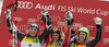 Winner Marcel Hirscher of Austria (M), second placed Kjetil Jansrud of Norway (L) and third placed Ted Ligety of USA (R) celebrate their medals won in second Men giant slalom race of Audi FIS alpine skiing World Cup in Kranjska Gora, Slovenia. Second giant slalom race of Men Audi FIS Alpine skiing World Cup 2009-10, was held on Saturday in Kranjska Gora, Slovenia, on 30th of January 2010.
