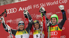 Winner Marcel Hirscher of Austria (M), second placed Kjetil Jansrud of Norway (L) and third placed Ted Ligety of USA (R) celebrate their medals won in second Men giant slalom race of Audi FIS alpine skiing World Cup in Kranjska Gora, Slovenia. Second giant slalom race of Men Audi FIS Alpine skiing World Cup 2009-10, was held on Saturday in Kranjska Gora, Slovenia, on 30th of January 2010.
