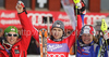 Winner Reinfried Herbst of Austria (M), second placed Marcel Hirscher of Austria (L) and third placed Julien Lizeroux of France (R) celebrate their medals won in Men slalom race of Audi FIS alpine skiing World Cup in Kranjska Gora, Slovenia. Slalom race of Men Audi FIS Alpine skiing World Cup 2009-10, was held on Sunday in Kranjska Gora, Slovenia, on 31st of January 2010.
