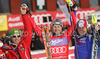 Winner Reinfried Herbst of Austria (M), second placed Marcel Hirscher of Austria (L) and third placed Julien Lizeroux of France (R) celebrate their medals won in Men slalom race of Audi FIS alpine skiing World Cup in Kranjska Gora, Slovenia. Slalom race of Men Audi FIS Alpine skiing World Cup 2009-10, was held on Sunday in Kranjska Gora, Slovenia, on 31st of January 2010.
