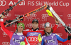 Winner Reinfried Herbst of Austria (M), second placed Marcel Hirscher of Austria (L) and third placed Julien Lizeroux of France (R) celebrate their medals won in Men slalom race of Audi FIS alpine skiing World Cup in Kranjska Gora, Slovenia. Slalom race of Men Audi FIS Alpine skiing World Cup 2009-10, was held on Sunday in Kranjska Gora, Slovenia, on 31st of January 2010.
