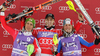 Winner Reinfried Herbst of Austria (M), second placed Marcel Hirscher of Austria (L) and third placed Julien Lizeroux of France (R) celebrate their medals won in Men slalom race of Audi FIS alpine skiing World Cup in Kranjska Gora, Slovenia. Slalom race of Men Audi FIS Alpine skiing World Cup 2009-10, was held on Sunday in Kranjska Gora, Slovenia, on 31st of January 2010.
