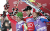 Winner Reinfried Herbst of Austria (M), second placed Marcel Hirscher of Austria (L) and third placed Julien Lizeroux of France (R) celebrate their medals won in Men slalom race of Audi FIS alpine skiing World Cup in Kranjska Gora, Slovenia. Slalom race of Men Audi FIS Alpine skiing World Cup 2009-10, was held on Sunday in Kranjska Gora, Slovenia, on 31st of January 2010.
