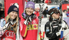 Second placed Lindsey Vonn of USA (L), Winer Maria Riesch of Germany (M)  and Third placed Anja Paerson of Sweden in finish of Women downhill race of Audi FIS alpine skiing World Cup in Garmisch-Partenkirchen, Germany. Training for downhill race of Men Audi FIS Alpine skiing World Cup 2009-10, was held on Tuesday in Garmisch-Partenkirchen, Germany, on 9th of March 2010.
