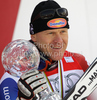 Winner Didier Cuche of Switzerland celebrates overall Downhill World cup victory after last Men downhill race of Audi FIS alpine skiing World Cup, which was held on Kandahar downhill course in Garmisch-Partenkirchen, Germany. Last downhill race of Men Audi FIS Alpine skiing World Cup 2009-10, was held on Wednesday, 10th of March 2010 in Garmisch-Partenkirchen, Germany.

