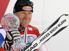 Winner Didier Cuche of Switzerland celebrates overall Downhill World cup victory after last Men downhill race of Audi FIS alpine skiing World Cup, which was held on Kandahar downhill course in Garmisch-Partenkirchen, Germany. Last downhill race of Men Audi FIS Alpine skiing World Cup 2009-10, was held on Wednesday, 10th of March 2010 in Garmisch-Partenkirchen, Germany.
