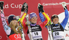 Winner Maria Riesch of Germany (M), second placed Lindsey Vonn of USA (L) and third placed Anja Paerson of Sweden (R) celebrate their medals in last Women downhill race of Audi FIS alpine skiing World Cup, which was held on Kandahar downhill course in Garmisch-Partenkirchen, Germany. Last downhill race of Women Audi FIS Alpine skiing World Cup 2009-10, was held on Wednesday, 10th of March 2010 in Garmisch-Partenkirchen, Germany.
