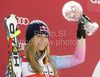 Winner Lindsey Vonn of USA celebrates overall Downhill World cup victory after last Women downhill race of Audi FIS alpine skiing World Cup, which was held on Kandahar downhill course in Garmisch-Partenkirchen, Germany. Last downhill race of Women Audi FIS Alpine skiing World Cup 2009-10, was held on Wednesday, 10th of March 2010 in Garmisch-Partenkirchen, Germany.
