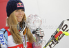 Winner Lindsey Vonn of USA celebrates overall Downhill World cup victory after last Women downhill race of Audi FIS alpine skiing World Cup, which was held on Kandahar downhill course in Garmisch-Partenkirchen, Germany. Last downhill race of Women Audi FIS Alpine skiing World Cup 2009-10, was held on Wednesday, 10th of March 2010 in Garmisch-Partenkirchen, Germany.
