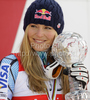 Winner Lindsey Vonn of USA celebrates overall Downhill World cup victory after last Women downhill race of Audi FIS alpine skiing World Cup, which was held on Kandahar downhill course in Garmisch-Partenkirchen, Germany. Last downhill race of Women Audi FIS Alpine skiing World Cup 2009-10, was held on Wednesday, 10th of March 2010 in Garmisch-Partenkirchen, Germany.
