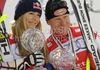 Downhill World cup winners Lindsey Vonn of USA (L) and Didier Cuche of Switzerland (R) celebrate overall Downhill World cup victory after last downhill races of Audi FIS alpine skiing World Cup, which were held on Kandahar downhill course in Garmisch-Partenkirchen, Germany. Last downhill races of Audi FIS Alpine skiing World Cup 2009-10, were held on Wednesday, 10th of March 2010 in Garmisch-Partenkirchen, Germany.
