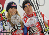 Downhill World cup winners Lindsey Vonn of USA (L) and Didier Cuche of Switzerland (R) celebrate overall Downhill World cup victory after last downhill races of Audi FIS alpine skiing World Cup, which were held on Kandahar downhill course in Garmisch-Partenkirchen, Germany. Last downhill races of Audi FIS Alpine skiing World Cup 2009-10, were held on Wednesday, 10th of March 2010 in Garmisch-Partenkirchen, Germany.
