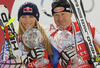 Downhill World cup winners Lindsey Vonn of USA (L) and Didier Cuche of Switzerland (R) celebrate overall Downhill World cup victory after last downhill races of Audi FIS alpine skiing World Cup, which were held on Kandahar downhill course in Garmisch-Partenkirchen, Germany. Last downhill races of Audi FIS Alpine skiing World Cup 2009-10, were held on Wednesday, 10th of March 2010 in Garmisch-Partenkirchen, Germany.
