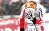Hannes Reichelt of Austria reacts in finish of last Men Super-G race of Audi FIS alpine skiing World Cup, which was held on Kandahar course in Garmisch-Partenkirchen, Germany. Last Super-G race of Men Audi FIS Alpine skiing World Cup 2009-10, was held on Thursday, 11th of March 2010 in Garmisch-Partenkirchen, Germany.
