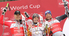 Winner Erik Guay of Canada (M), second placed Michael Walchhofer of Austria (L) and third placed Aksel Lund Svindal of Norway (R) celebrate overall Super-G World cup medals after last Men Super-G race of Audi FIS alpine skiing World Cup, which was held on Kandahar course in Garmisch-Partenkirchen, Germany. Last Super-G race of Men Audi FIS Alpine skiing World Cup 2009-10, was held on Thursday, 11th of March 2010 in Garmisch-Partenkirchen, Germany.
