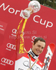 Winner Erik Guay of Canada celebrates overall Super-G World cup victory after last Men Super-G race of Audi FIS alpine skiing World Cup, which was held on Kandahar course in Garmisch-Partenkirchen, Germany. Last Super-G race of Men Audi FIS Alpine skiing World Cup 2009-10, was held on Thursday, 11th of March 2010 in Garmisch-Partenkirchen, Germany.
